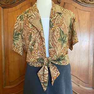 Vintage Top 80s 90s Tie Front Blouse Brown Animal Print Shirt Size 12